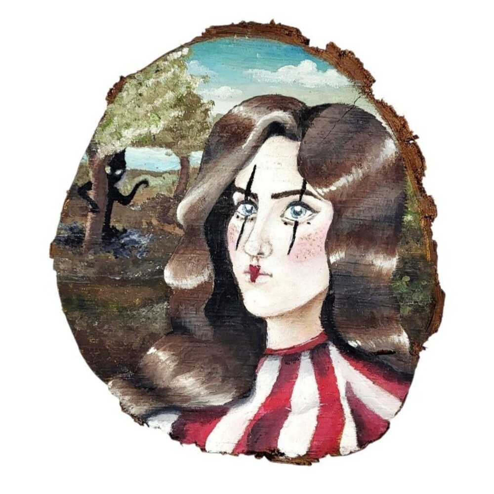 Vintage Original Harlequin Surrealist Portraiture Wood Slice Painting Folk Art